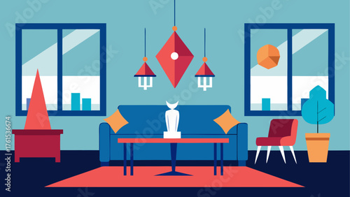 Modern living room interior with blue sofa and geometric decor