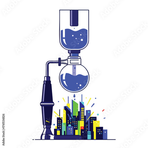 Siphon coffee maker dripping onto a stylized city skyline.