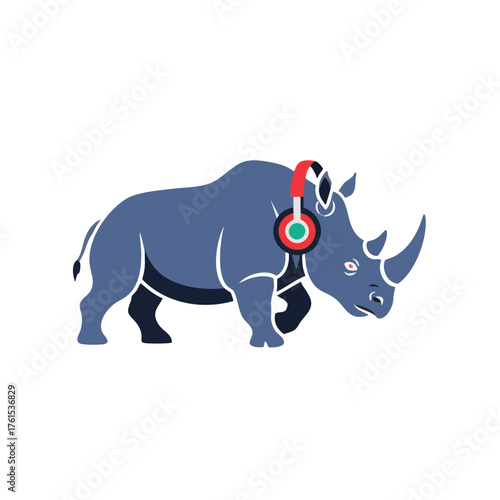 A cartoon rhinoceros wearing headphones, ready to DJ.
