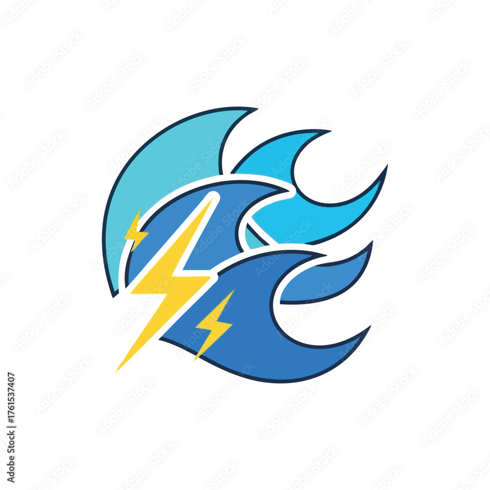 Fototapeta premium Abstract logo featuring blue waves and yellow lightning bolts.