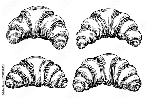 Set of creamy flaky French croissants. Vector black ink isolated illustration in sketch line style