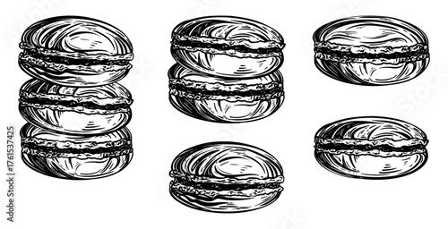 Set of French sweet macaroons desserts. Vector black ink isolated illustration in sketch line style