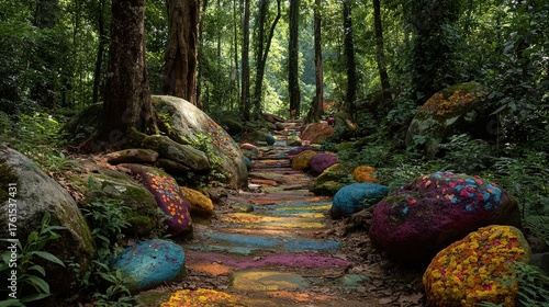 Colorful Rocks and Painted Earth Path in a Lush Forest: A Vibrant Natural Trail