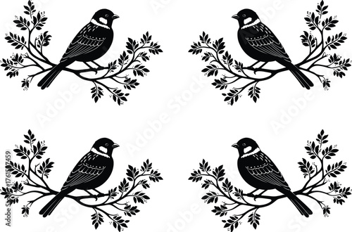Silhouette sparrows on leafy branches, black bird vector illustration set, nature and wildlife design, perched songbird art collection, botanical minimalist pattern