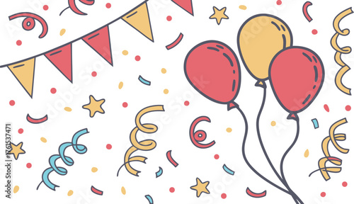 Vibrant hand drawn celebration scene featuring colorful balloons festive bunting and falling confetti for a joyful occasion