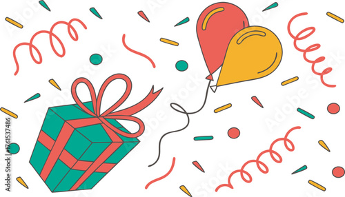 Festive birthday celebration with a wrapped gift balloons and colorful confetti and streamers