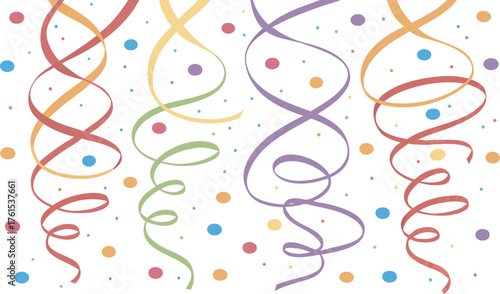 Vibrant colorful streamers and confetti create a festive and celebratory background pattern perfect for parties