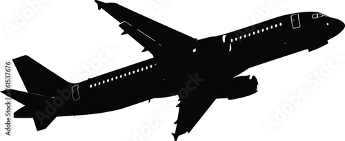Black airplane silhouette flying in sky, passenger jet vector illustration, aviation and travel concept, isolated aircraft design on white background