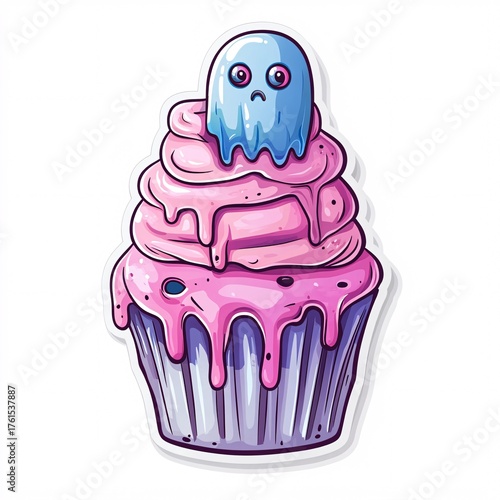 Sticker design of a pop surreal melted cupcake haunted by a floating mini ghost with button eyes on white background, no person, no tattooed skin