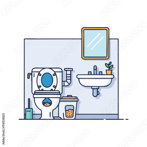 Modern bathroom with toilet, sink, mirror and plant.