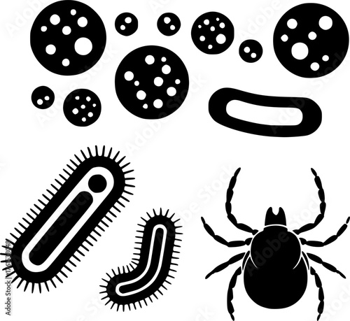 silhouettes of microorganisms and a tick