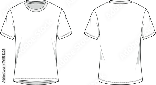 Classic short sleeve unisex t-shirt flat sketch, crew neck blank tee front and back view, vector illustration for fashion design
