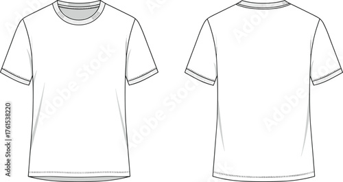 Classic short sleeve unisex t-shirt flat sketch, crew neck blank tee front and back view, vector illustration for fashion design