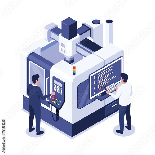 Advanced automated manufacturing system with skilled technicians overseeing operations and monitoring digital interfaces.