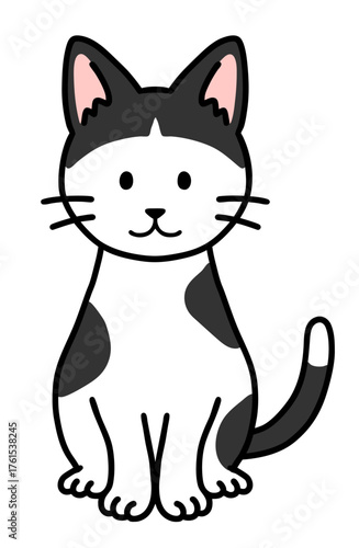 お座りをしたブチ猫パッツン前髪