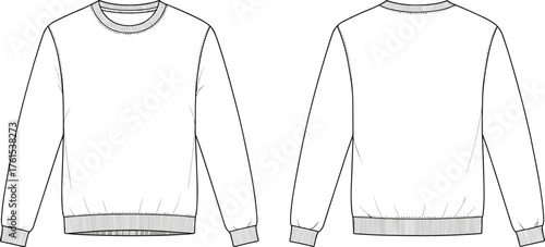 Classic unisex crew neck sweatshirt flat sketch with ribbed cuffs and hem, long sleeves, front and back view, vector fashion illustration