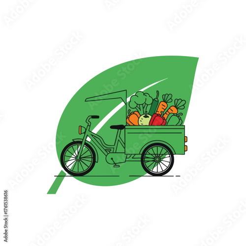 A green tricycle loaded with fresh vegetables, on a white background.