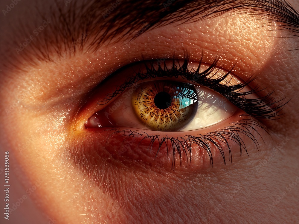 Obraz premium Close-up of a vibrant eye showcasing unique coloration and intricate details in natural light during golden hour