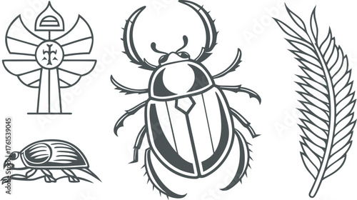 Ancient egyptian hieroglyphs featuring scarab beetles and a feathered symbol of life and nature