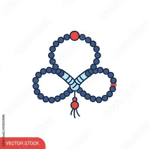 A string of prayer beads with a tassel, in a flat design style.