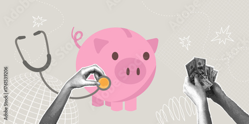 Financial checkup, investment analysis, savings, planning. Trendy halftone collage. Concept of risk, wealth preservation, and savings, financial health check.