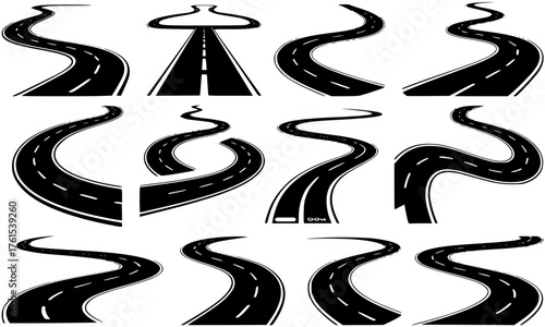 Bending Roads Vector Set,Sharp Black Silhouette Designs