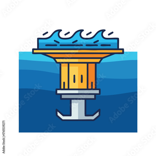 Stylized of an anchor with a submerged tower and waves.