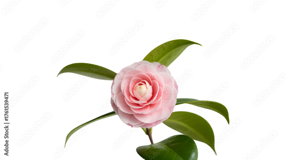 Obraz premium Delicate pink camellia blossom with green leaves against a dark background