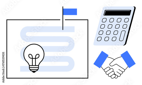 Light bulb over a path with flag, calculator, and handshake visualizing planning, innovation, problem-solving, teamwork, financial management, goal setting, agreements simple flat metaphor