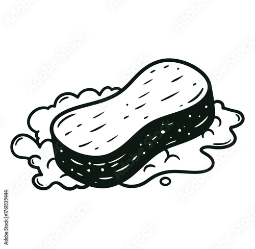 Cartoon illustration of a dark green sponge with bubbles representing a soapy texture