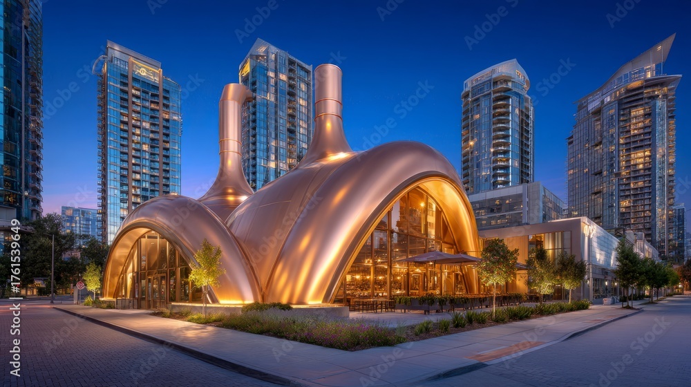 Fototapeta premium Modern architectural structure with unique curved design in urban area