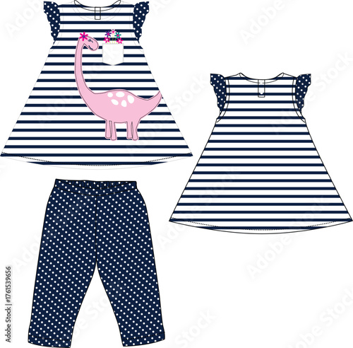 girls frocks with leggings with cute dinosaur print vector