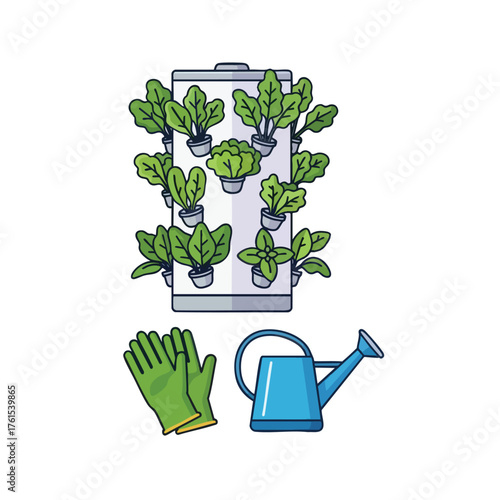 Vertical garden system with plants, watering can, and gloves.