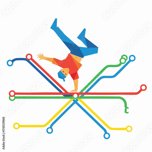 A breakdancer performs on a stylized subway map.