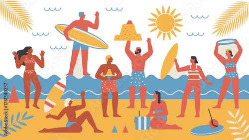 Beach with People, Surfboards, Sandcastle, Waves, and Sun in Illustration Style