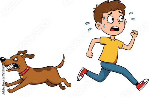 Funny cartoon scene of angry dog chasing scared boy, humorous illustration of running child and barking pet, vector art