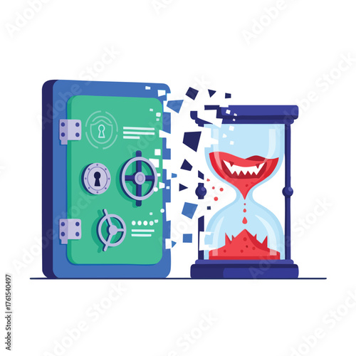 A conceptual of a safe opening to reveal an hourglass with a menacing face.