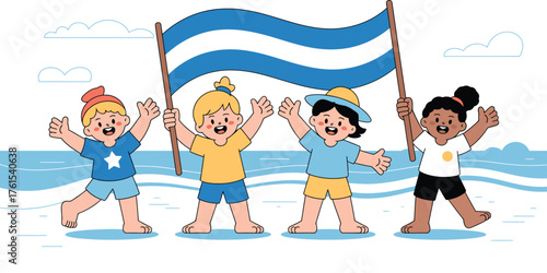Cartoon Children Cheerfully Waving a Flag with Blue and White Stripes on a Beach