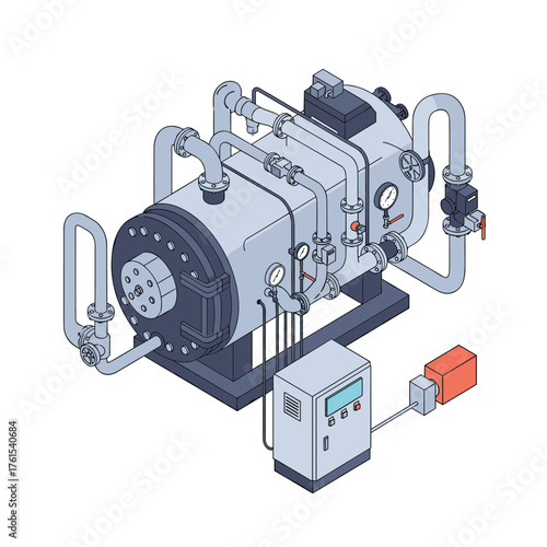 Industrial steam generator with control panel and safety valve system providing efficient energy conversion for diverse applications.