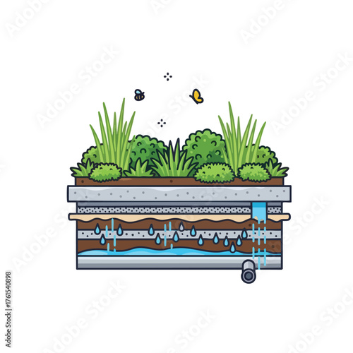 Diagram of a green roof with layers, plants, water drainage, and insects.