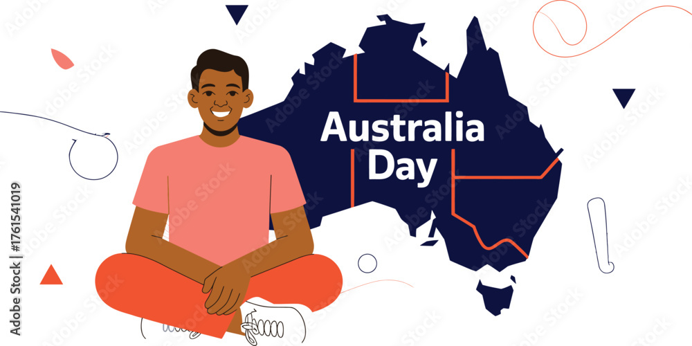 Naklejka premium Celebrating Australia Day Smiling Man Meditating Beside Australian Map Illustration, White Background, Geometric Shapes