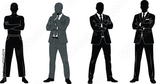 Flat vector business silhouettes, confident professional poses, teamwork leadership concept, corporate success illustration, career growth, office people, executive posture design
