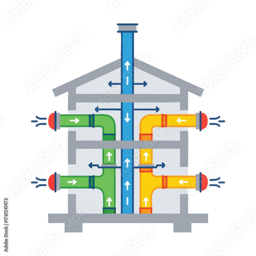 Diagram of a house ventilation system with colorful ducts and airflow indicators.