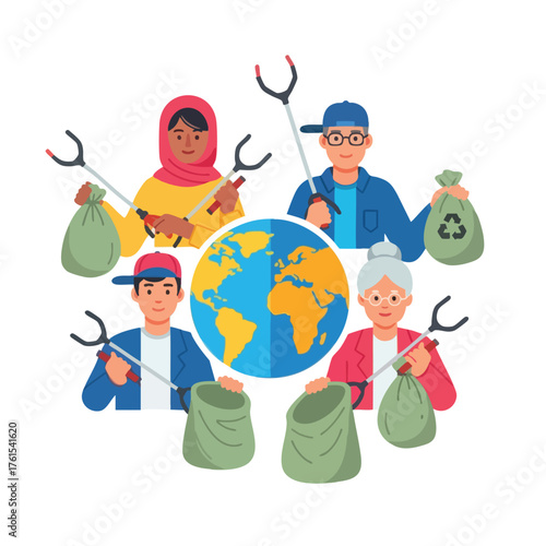 People of diverse ages and backgrounds cleaning up the Earth.