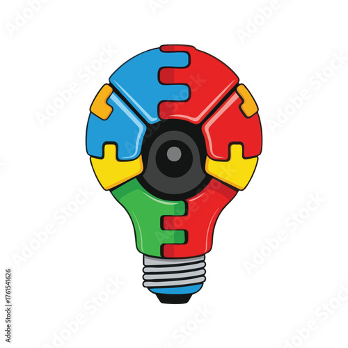 A colorful puzzle lightbulb with a camera lens inside.
