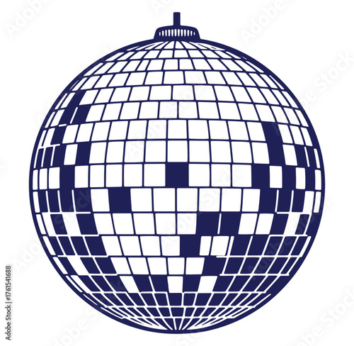 Elegant detailed illustration of a classic disco ball with geometric square mirror tiles