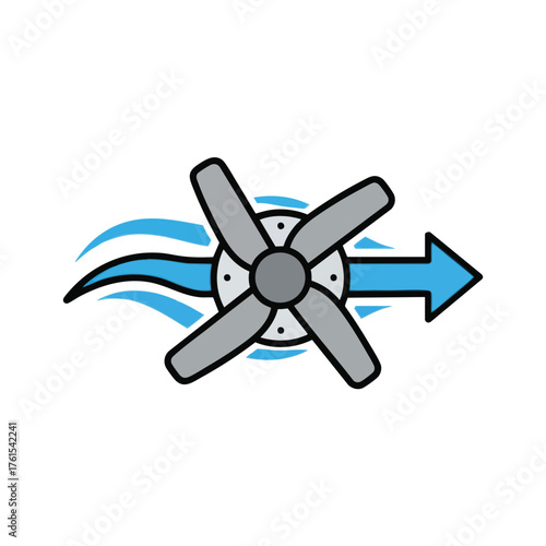 A stylized of a fan with blue waves indicating airflow.