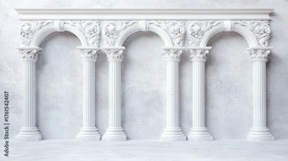 Naklejka premium A row of elegant, white classical columns with ornate detailing against a neutral wall, showcasing architectural beauty and craftsmanship.