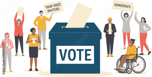 Diverse Citizens Cast Ballots Voting Rights, Democracy, and Civic Engagement Illustration with Ballot Box
