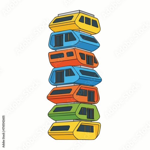 A stack of colorful, futuristic train cars.